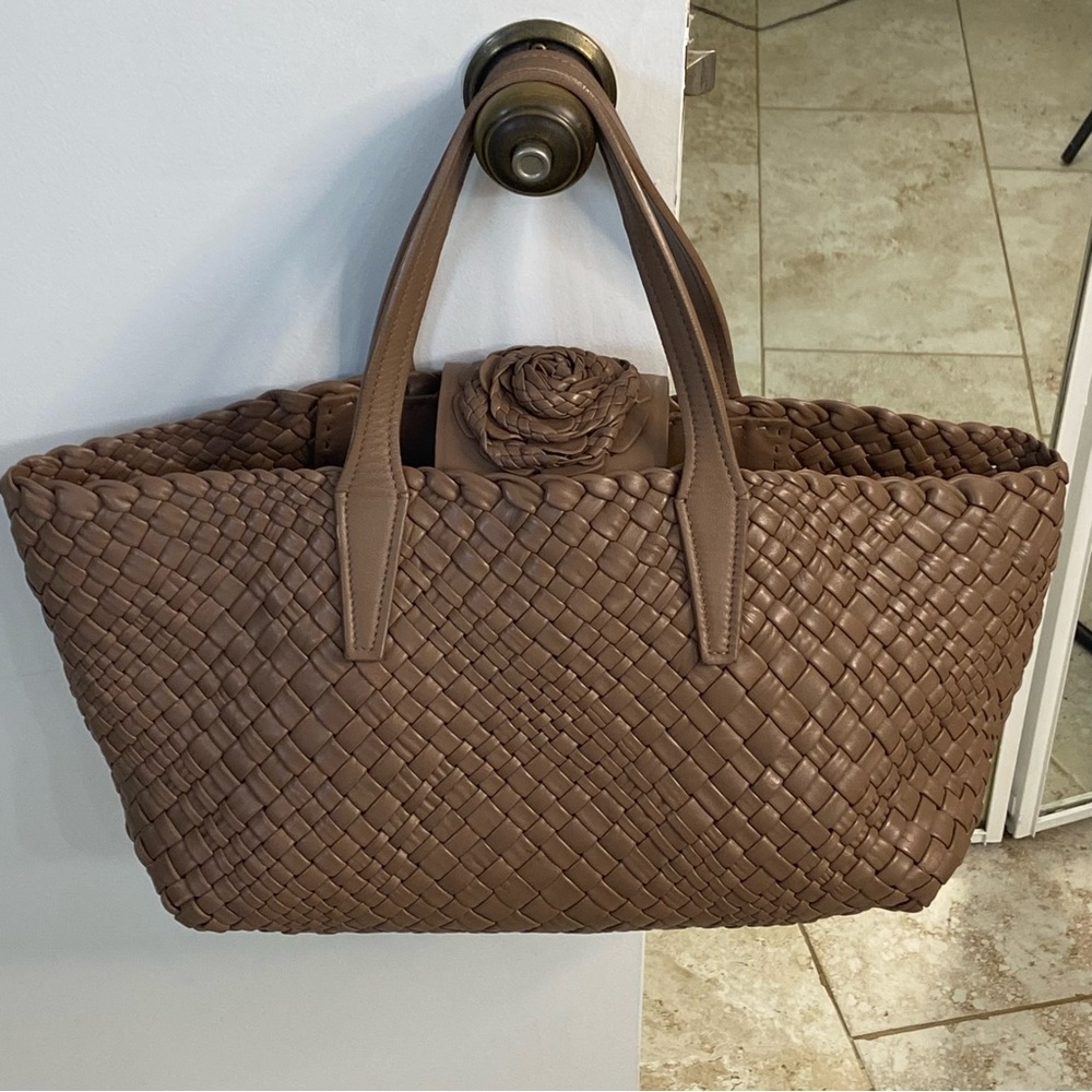 FALOR FIRENZE Italian Leather Woven Tote with Rosette
